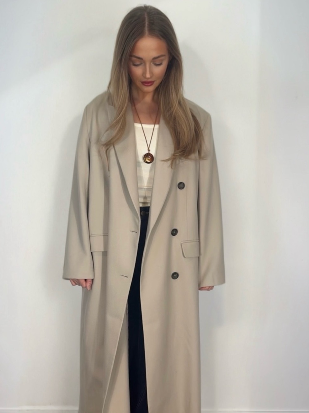 Nasty Gal Beige Long Double-Breasted Trench Coat